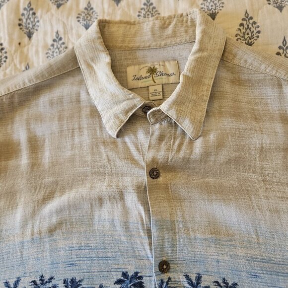 Island Shores XL Beige & Blue Palm Rayon Hawaiian Shirt - Picture 8 of 11